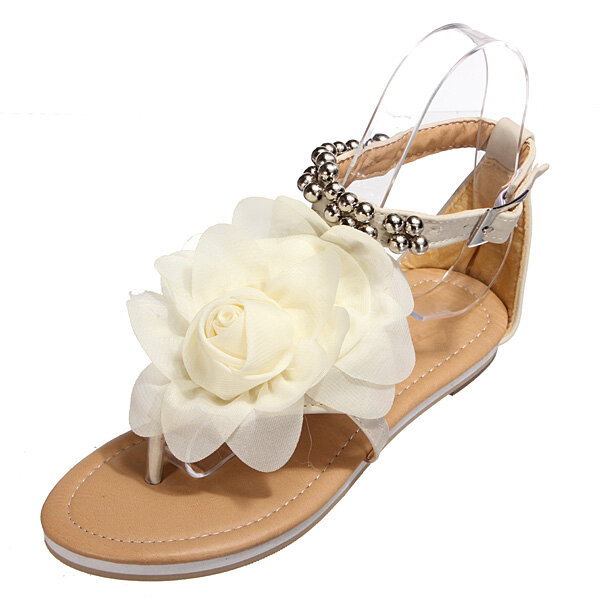 Chiffon Stoff Flower Flats T Straps Sandalen Strandschuhe